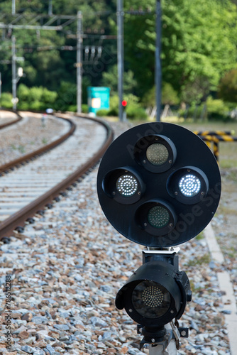 View of the signal pole at the train station photo