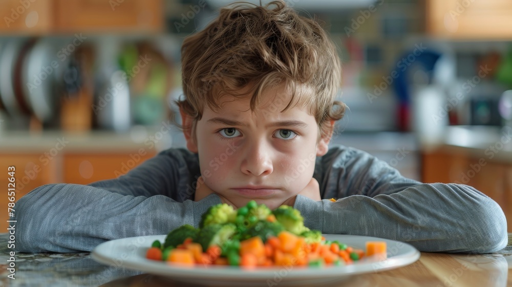 Unhappy grumpy teenage boy sitting in front of plate with healthy green food in kitchen at home. Children healthcare concept. Generative ai