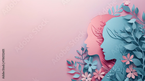 World maternal mental health day. Happy Mother's day. Floral decorations in paper art style. Paper craft card of young women with flowers in hair. Generative ai photo