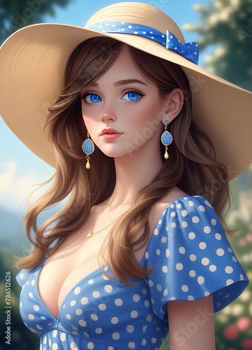 1girl, solo, earrings, hat, jewelry, brown_hair, blue_eyes, upper_body, looking_at_viewer, polka_dot, long_hair, dress, breasts, sun_hat, short_sleeves, lips, realistic, 1Girl, Solo, Earrings, Hat, Je photo