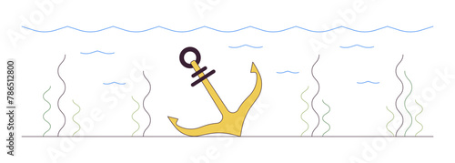 Lost ship anchor underwater 2D linear cartoon object. Vessel mooring tool on sea bottom isolated line vector element white background. Shipwreck consequences color flat spot illustration