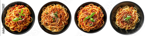 Collection of pasta spaghetti bolognese on black plate cutout png isolated on white or transparent background
