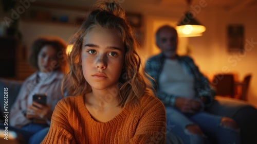 Sad teenage girl at home on the couch waiting for her parents. Mother is holding smartphone. Gadget addiction in adults and kids. Generative ai