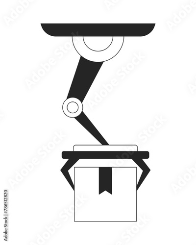 Robotic arm holding package black and white 2D line cartoon object. Artificial intelligence manufacturing isolated vector outline item. Robotic industrial delivery monochromatic flat spot illustration