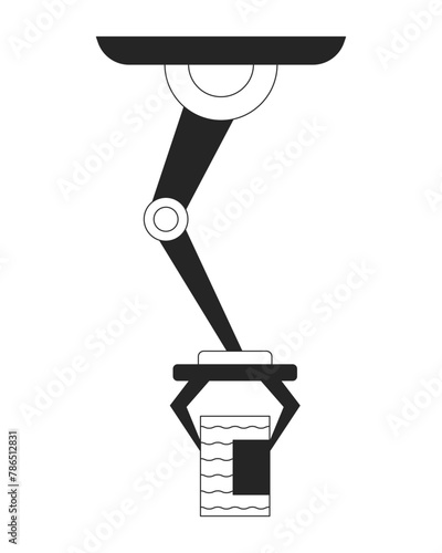 Robotic arm holding aluminum can black and white 2D line cartoon object. Artificial intelligence manufacturing isolated vector outline item. Robotics canned food monochromatic flat spot illustration © The img