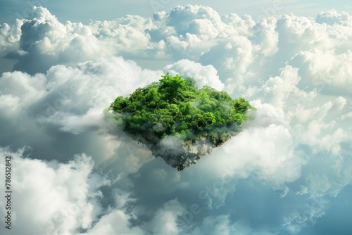 Beautiful Floating Island. Green Landscape and Mountains Suspended in the Sky Among White Clouds