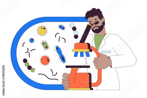 Scientist studying bacterium via microscope 2D linear cartoon character. Medical lab assistant isolated line vector person white background. Micro biology science color flat spot illustration