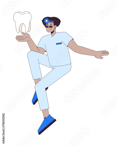 Positive stomatologist holding healthy tooth 2D linear cartoon character. Hispanic male dentist isolated line vector person white background. Stomatology treatment color flat spot illustration