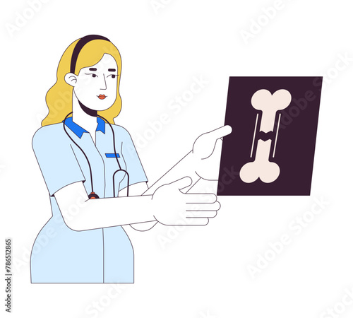 Female doctor holding x ray image 2D linear cartoon character. Traumatologist examining broken bone isolated line vector person white background. Traumatology color flat spot illustration