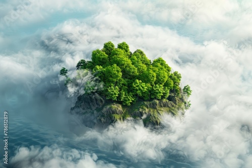 Beautiful Floating Island. Green Landscape and Mountains Suspended in the Sky Among White Clouds © RBGallery