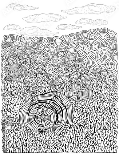 Field with haystacks. Grass. Haymaking. Coloring book page. Black and white vector illustration. Doodle style.	