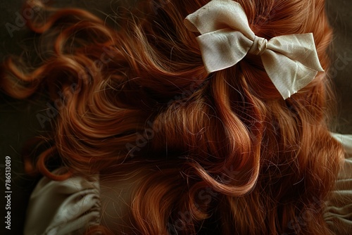 A close-up of a redhead's flowing locks tied with a creamy satin bow, highlighting texture and the beauty of hair photo