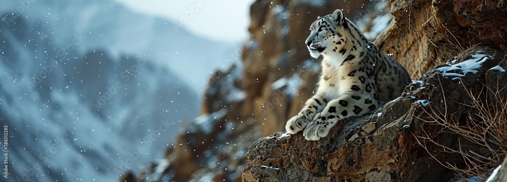 Solitary Snow Leopard on Rocky Ledge Solitary Snow Leopard on Rocky Ledge