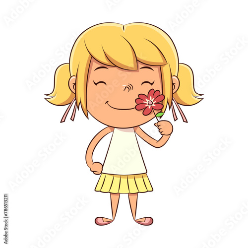 Happy girl smelling red flower
