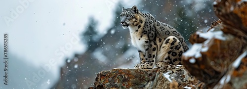 Solitary Snow Leopard on Rocky Ledge © Andreas