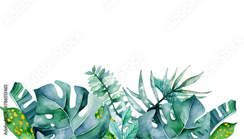Watercolor banner, template made from hand drawn monstera, palm leaves and banana leaves. Tropical leaves.Tropics, botanical composition. Place for text, inscriptions.