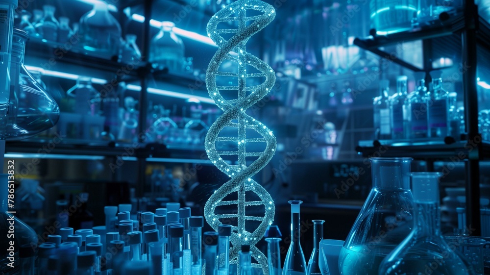 In the heart of a laboratory, a DNA double helix emerges, bathed in the soft glow of bioluminescent lighting. 

