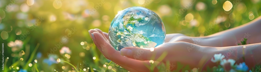 Woman hand holding a glass planet Earth on a green grass. Generate AI image Woman hand holding a glass planet Earth on a green grass. Generate AI image