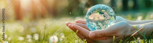 Woman hand holding a glass planet Earth on a green grass. Generate AI image photo
