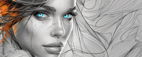 Pencil drwaing of beautiful blue-eyed woman looking at camera, horizontal wide banner view. Beauty and females concept © Alex Tihonov