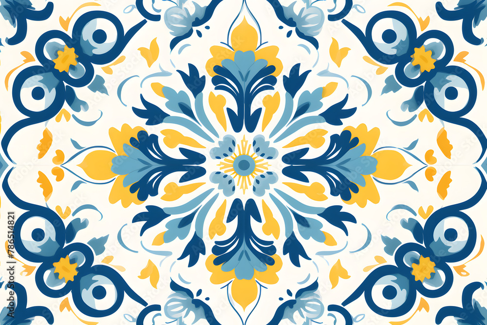 Pattern of Portuguese azulejos tiles. Rustic blue and yellow tile watercolor seamless pattern Pattern of Portuguese azulejos tiles. Rustic blue and yellow tile watercolor seamless pattern