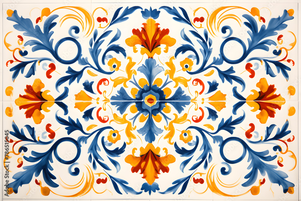 Pattern of Portuguese azulejos tiles. Rustic blue and yellow tile watercolor seamless pattern Pattern of Portuguese azulejos tiles. Rustic blue and yellow tile watercolor seamless pattern