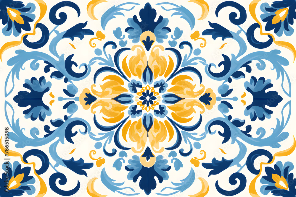 Pattern of Portuguese azulejos tiles. Rustic blue and yellow tile watercolor seamless pattern Pattern of Portuguese azulejos tiles. Rustic blue and yellow tile watercolor seamless pattern