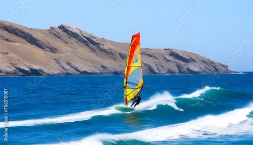 windsurfing on a wavy sea with a rocky coastline in the background, under a clear sky