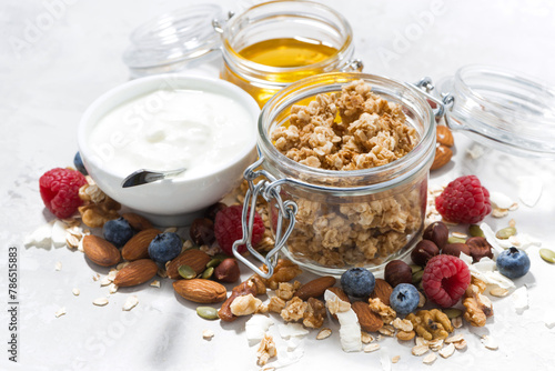homemade granola with berries and nuts on white table