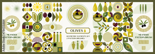 Set of olive oil themed design elements in simple style. Icons, abstract geometric shapes. Greek meander ornament pattern brush. For branding, decoration of food package, print, background.