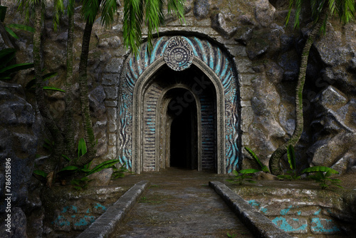 Entrance to an ancient fantasy building in the side of a mountain. 3D render.