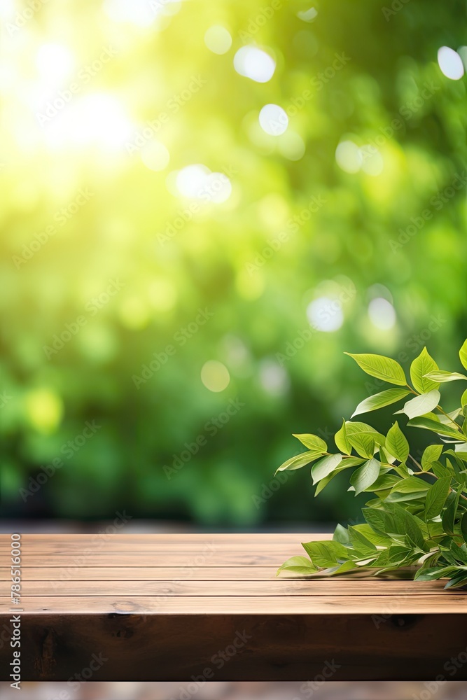 Spring Flowers, Leaves, and Plants on Wooden Table Against Green Blur Bokeh Background Spring Flowers, Leaves, and Plants on Wooden Table Against Green Blur Bokeh Background