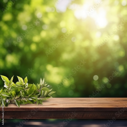 Spring Flowers  Leaves  and Plants on Wooden Table Against Green Blur Bokeh Background