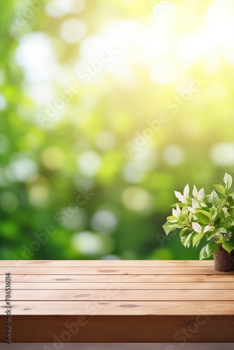 Spring Flowers  Leaves  and Plants on Wooden Table Against Green Blur Bokeh Background