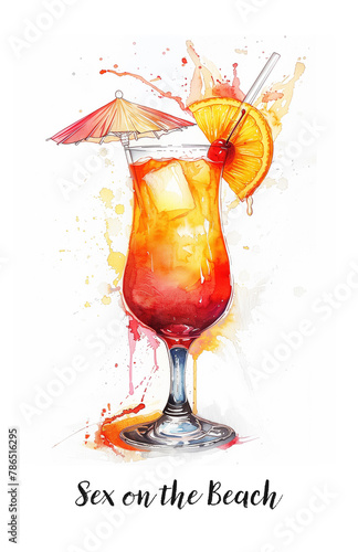 Watercolor illustration of a Sex on the Beach cocktail isolated on white © asife