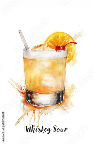 Watercolor illustration of a whiskey sour cocktail isolated on white © asife