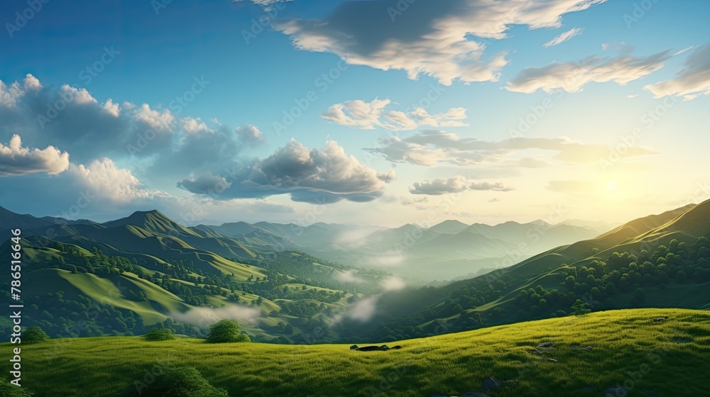 Obraz premium Dramatic Sunrise over Green Mountains. Morning Landscape with Blue Sky and Fluffy Clouds, Natural Background and Wallpaper