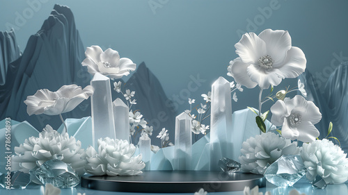 podium with flower and crystal cosmetic mock up , platform for product showcase ..
