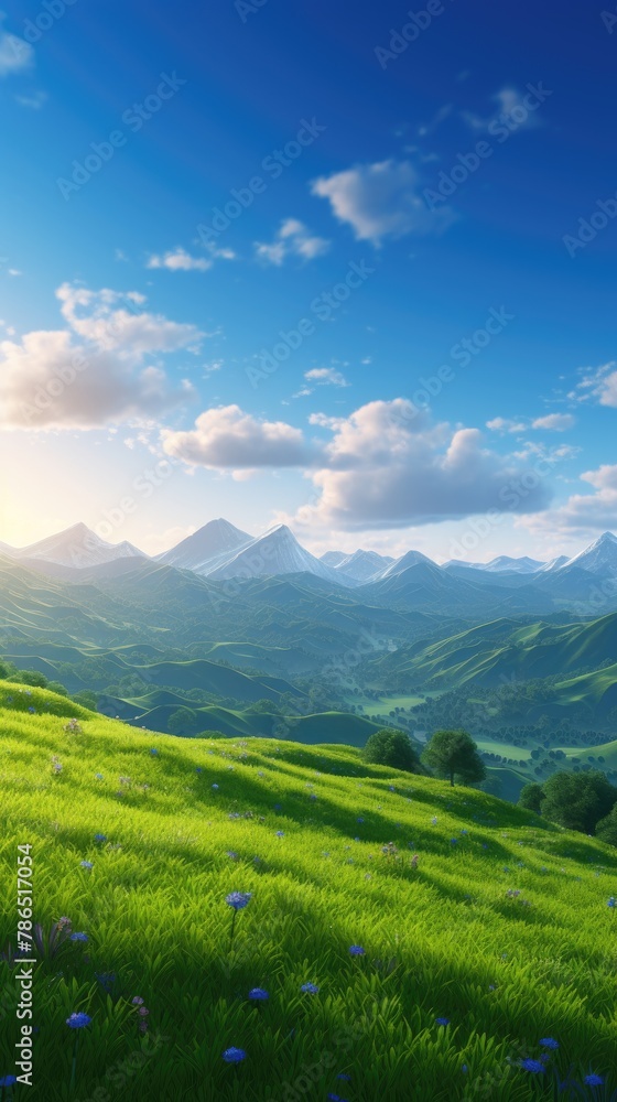 Fototapeta premium Dramatic Sunrise over Green Mountains. Morning Landscape with Blue Sky and Fluffy Clouds, Natural Background and Wallpaper