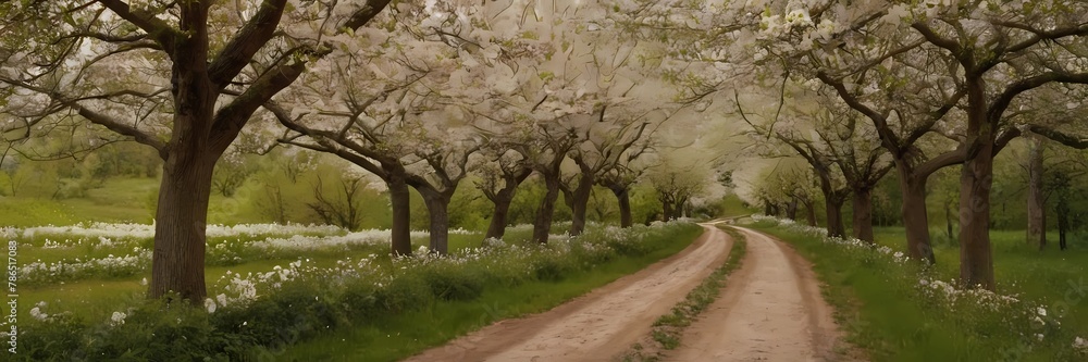 Serene Springtime Scenery with Blossoming Trees Lining a Country Dirt Road Serene Springtime Scenery with Blossoming Trees Lining a Country Dirt Road