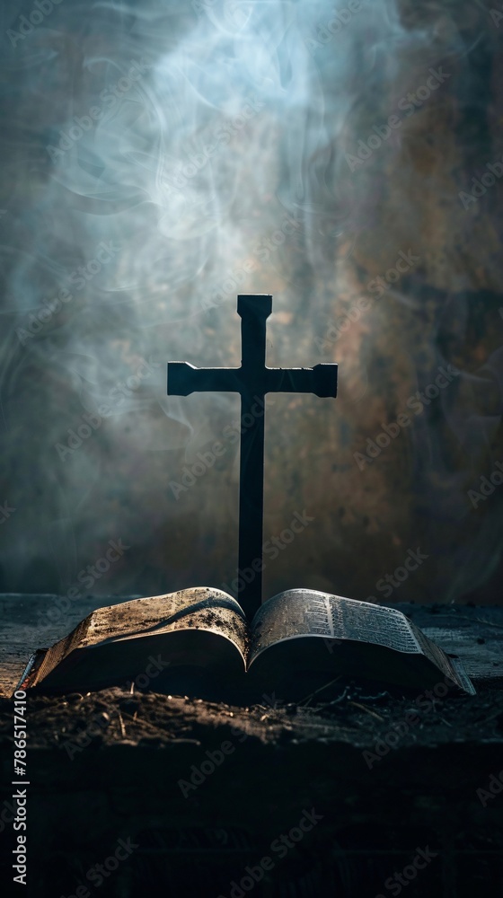 Christian symbols unite a cross resting on an open Bible set against a backdrop of ethereal light a digital homage