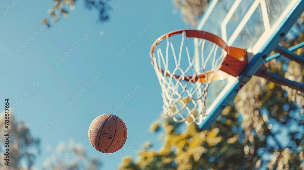 Close up of basketball in mid flight towards hoop, dynamic shot capturing the intense moment