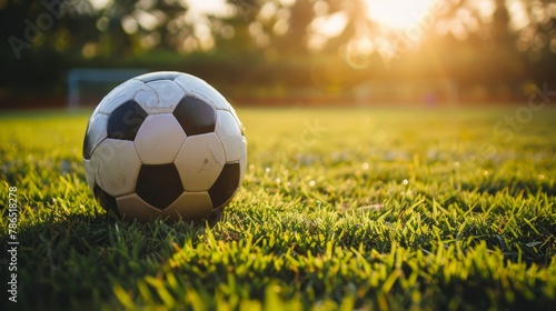 Dynamic and vibrant football league poster showcasing a soccer ball on the field © vetrana