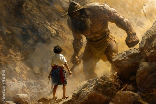 David versus Goliath captured in a digital painting an epic standoff between a shepherd and a towering giant photo