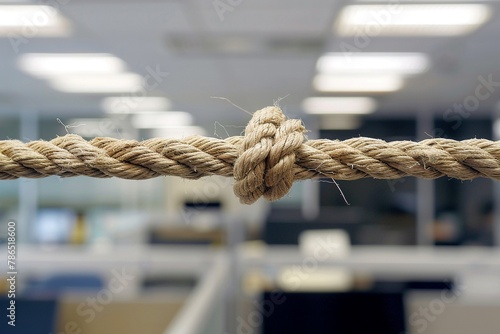 A frayed rope close to snapping, stretched over a chaotic office scene, illustrating the tension and precarious balance of workplace stress