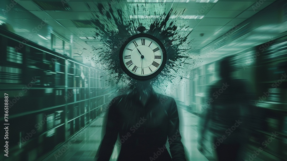 Fototapeta premium A shadowy figure with a clock face for a head, its hands spinning rapidly, surrounded by a blur of office chaos, depicting the relentless pressure of time
