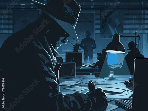 A noirstyle detective using digital tools to uncover financial cyber crimes, with shadowy figures attempting to hack into a banks system photo