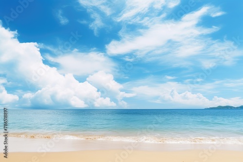 Beautiful Tropical Sea Beach with Blue Sky, White Clouds, and Reflection Summer Vacation Paradise Travel Landscape Wallpaper Background