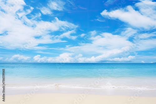 Beautiful Tropical Sea Beach with Blue Sky, White Clouds, and Reflection Summer Vacation Paradise Travel Landscape Wallpaper Background