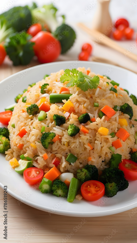 Fried rice is very tempting and looks delicious, complete with vegetables and meat, in vertical form